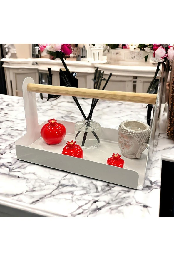 Ahşap Saplı Beyaz 30x17cm Metal Servis, Sunum, Dekoratif Tepsi - 3
