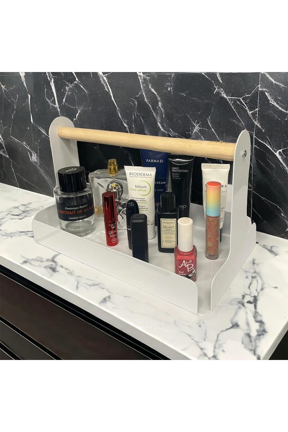 Ahşap Saplı Beyaz 30x17cm Metal Servis, Sunum, Dekoratif Tepsi - 4