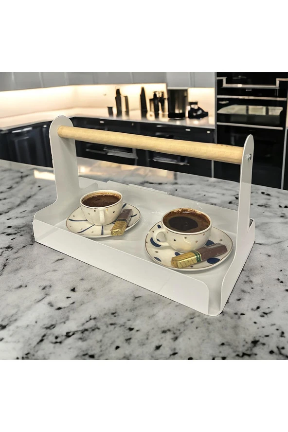 Ahşap Saplı Beyaz 30x17cm Metal Servis, Sunum, Dekoratif Tepsi - 5