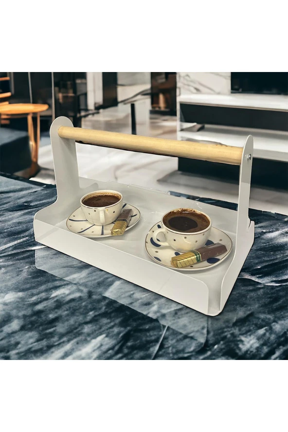 Ahşap Saplı Beyaz 30x17cm Metal Servis, Sunum, Dekoratif Tepsi - 6