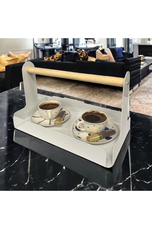Ahşap Saplı Beyaz 30x17cm Metal Servis, Sunum, Dekoratif Tepsi - 7
