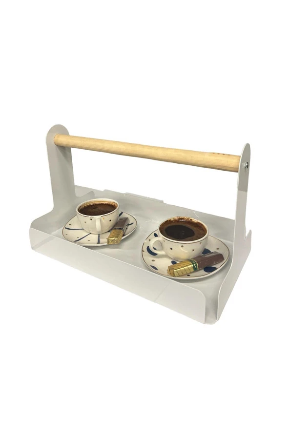 Ahşap Saplı Beyaz 30x17cm Metal Servis, Sunum, Dekoratif Tepsi - 10