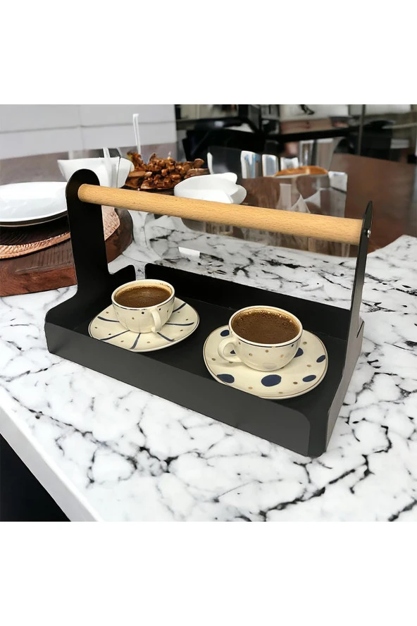Ahşap Saplı 30x17cm Siyah Metal Servis, Sunum, Dekoratif Tepsi - 2