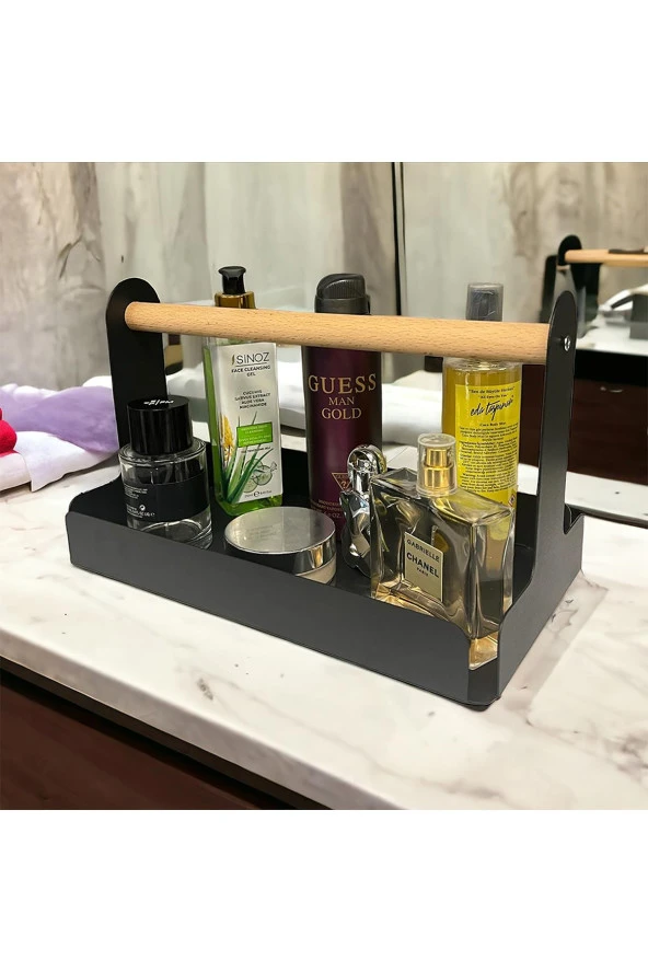 Ahşap Saplı 30x17cm Siyah Metal Servis, Sunum, Dekoratif Tepsi - 3