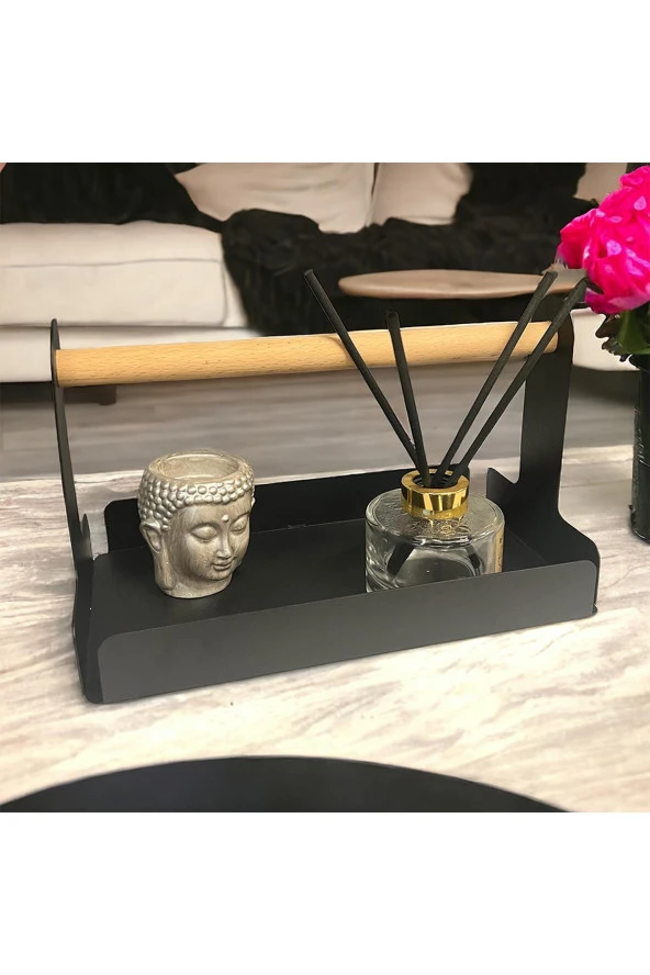 Ahşap Saplı 30x17cm Siyah Metal Servis, Sunum, Dekoratif Tepsi - 5