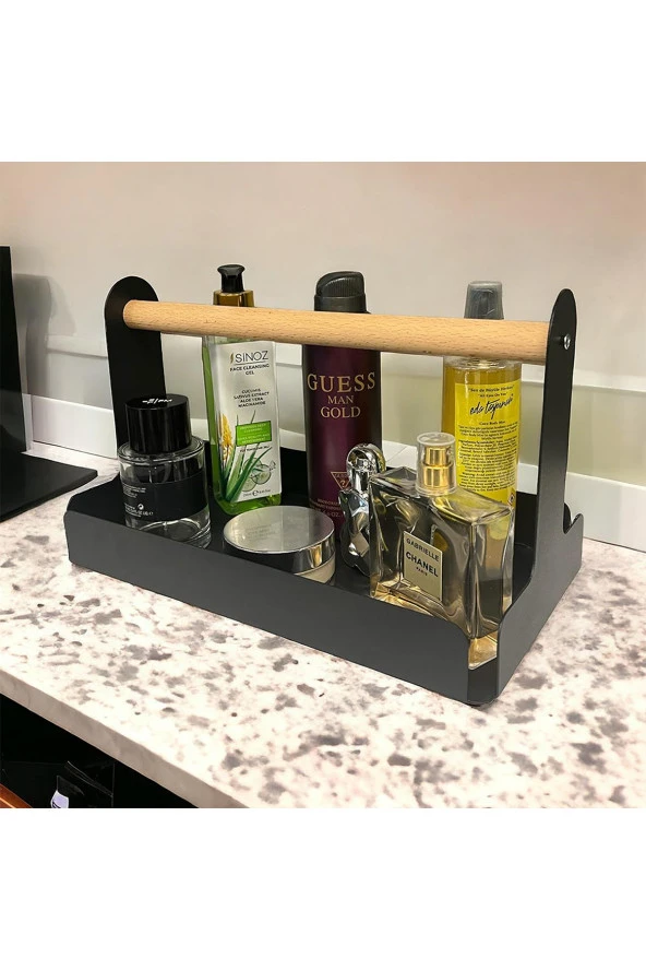 Ahşap Saplı 30x17cm Siyah Metal Servis, Sunum, Dekoratif Tepsi - 7