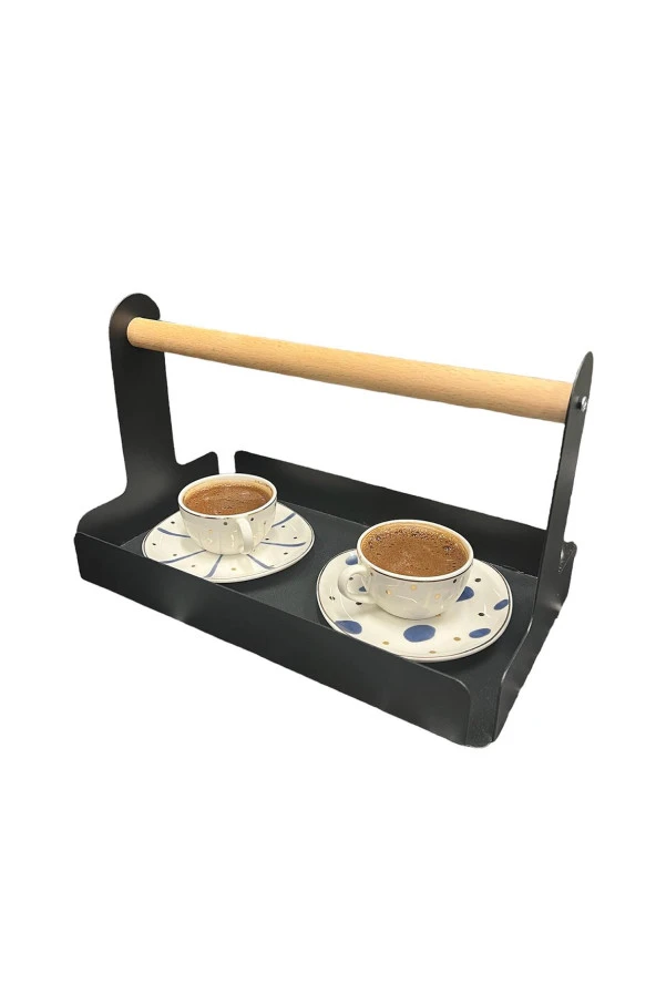 Ahşap Saplı 30x17cm Siyah Metal Servis, Sunum, Dekoratif Tepsi - 10