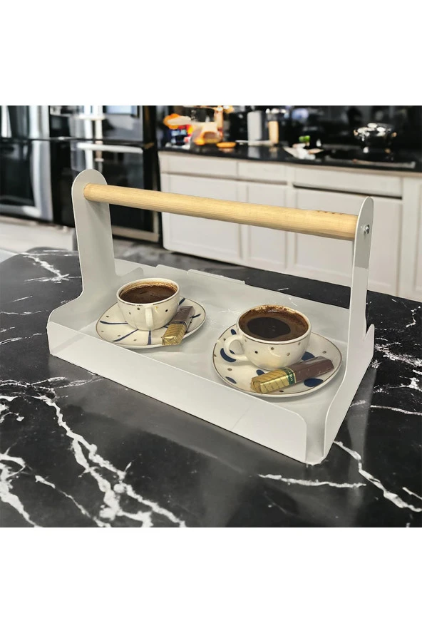 Ahşap Saplı Beyaz 30x17cm Metal Servis, Sunum, Dekoratif Tepsi - 2