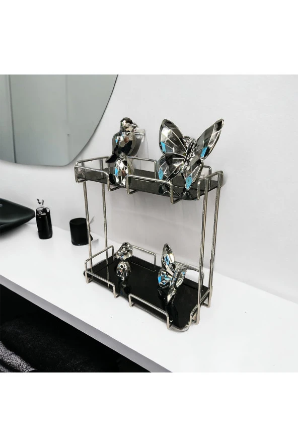 2 Katlı 28x14 Gümüş Banyo ve Kozmetik Düzenleyici - Çift Katlı Sunum ve Servis Tepsisi - 2