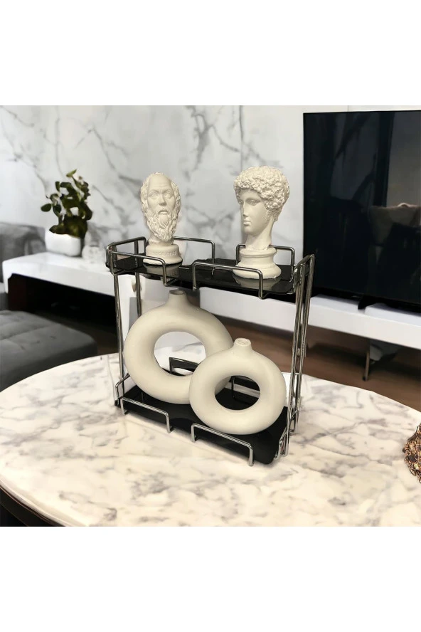 2 Katlı 28x14 Gümüş Banyo ve Kozmetik Düzenleyici - Çift Katlı Sunum ve Servis Tepsisi - 3