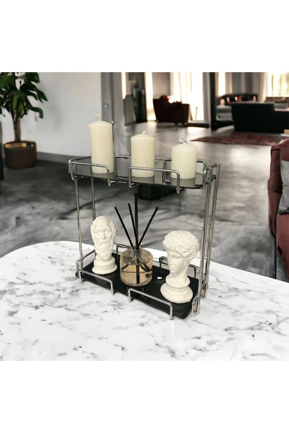 2 Katlı 28x14 Gümüş Banyo ve Kozmetik Düzenleyici - Çift Katlı Sunum ve Servis Tepsisi - 4