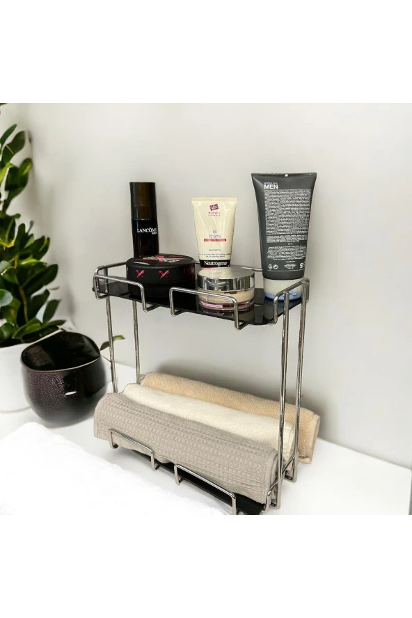 2 Katlı 28x14 Gümüş Banyo ve Kozmetik Düzenleyici - Çift Katlı Sunum ve Servis Tepsisi - 5