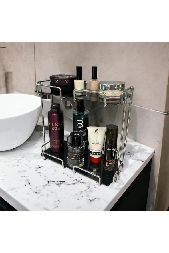 2 Katlı 28x14 Gümüş Banyo ve Kozmetik Düzenleyici - Çift Katlı Sunum ve Servis Tepsisi - 6