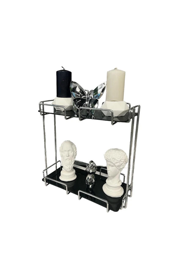 2 Katlı 28x14 Gümüş Banyo ve Kozmetik Düzenleyici - Çift Katlı Sunum ve Servis Tepsisi - 9