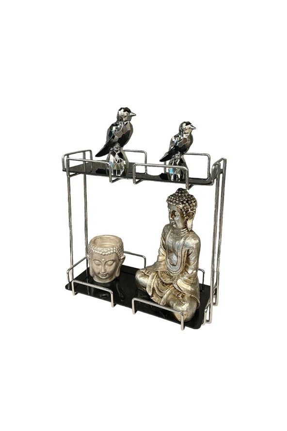 2 Katlı 28x14 Gümüş Banyo ve Kozmetik Düzenleyici - Çift Katlı Sunum ve Servis Tepsisi - 11