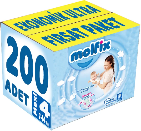 Molfix Bebek Bezi Beden:4 (7-14Kg) Maxi 200 Adet Ekonomik Ultra Fırsat Pk