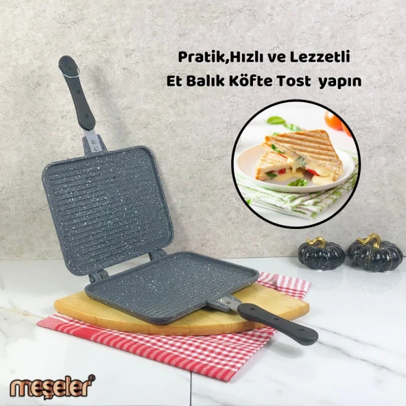 Meşeler Ocak Üstü Granit Döküm El Tost ve Çok Amaçlı Grill Tava 26 cm