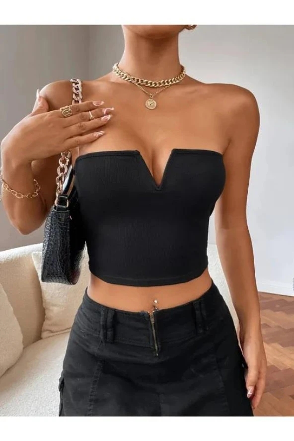 Elegant Derin V Yaka Fitilli Crop Straplez Pamuk Örme Bluz - 3