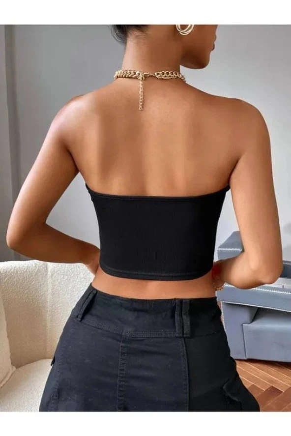 Elegant Derin V Yaka Fitilli Crop Straplez Pamuk Örme Bluz - 5