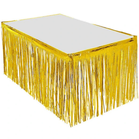 Püsküllü Işıltılı Metalize Altın Renk Masa Eteği 75 cm x 4 m