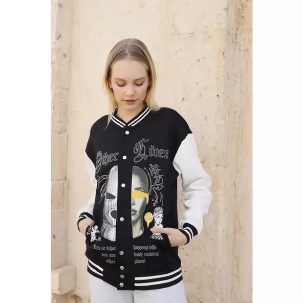 Lucky Life Oversize Kolej Ceket - Siyah - 2