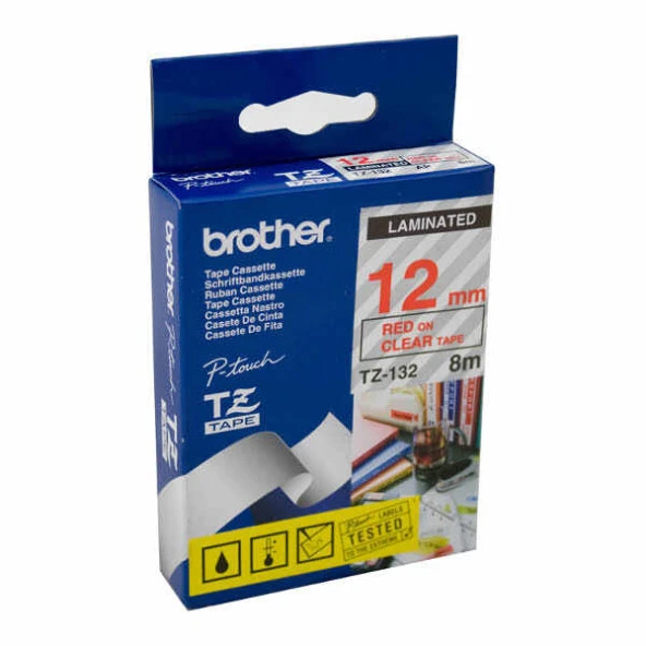 Brother Tz-132 Şeffraf Üzerine Kırmızı Lamine Orjinal Etiket