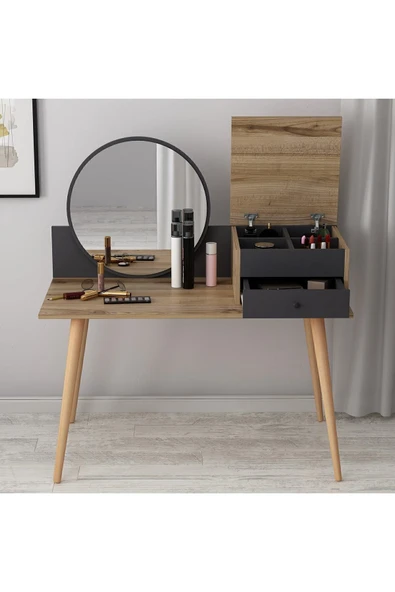 İNARCH DİZAYN Angel Aynalı Fonksiyonel Makyaj Masası – Çekmeceli ve Gizli Takı Bölmeli, Antrasit/Antik Ceviz - Resim 6
