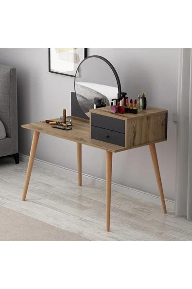 İNARCH DİZAYN Angel Aynalı Fonksiyonel Makyaj Masası – Çekmeceli ve Gizli Takı Bölmeli, Antrasit/Antik Ceviz - Resim 7