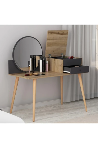 İNARCH DİZAYN Angel Aynalı Fonksiyonel Makyaj Masası – Çekmeceli ve Gizli Takı Bölmeli, Antrasit/Antik Ceviz - Resim 8