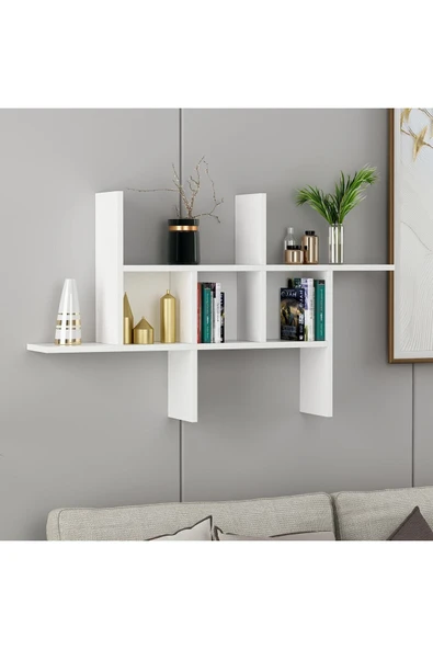 İNARCH DİZAYN Madagaskar Duvar Rafı – Asimetrik Tasarım, Duvara Monte Dekoratif Kitaplık - Beyaz - 2