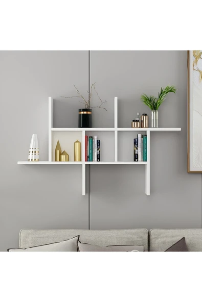İNARCH DİZAYN Madagaskar Duvar Rafı – Asimetrik Tasarım, Duvara Monte Dekoratif Kitaplık - Beyaz