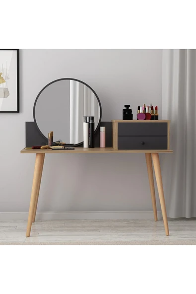 İNARCH DİZAYN Angel Aynalı Fonksiyonel Makyaj Masası – Çekmeceli ve Gizli Takı Bölmeli, Antrasit/Antik Ceviz - Resim 2