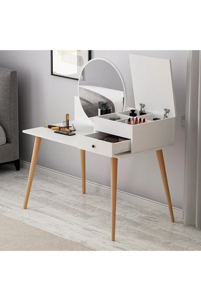 İNARCH DİZAYN Angel Aynalı Fonksiyonel Makyaj Masası – Çekmeceli ve Gizli Takı Bölmeli, Beyaz - Resim 8