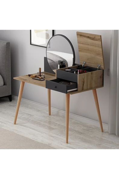 İNARCH DİZAYN Angel Aynalı Fonksiyonel Makyaj Masası – Çekmeceli ve Gizli Takı Bölmeli, Antrasit/Antik Ceviz - Resim 4