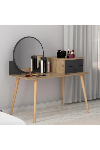 İNARCH DİZAYN Angel Aynalı Fonksiyonel Makyaj Masası – Çekmeceli ve Gizli Takı Bölmeli, Antrasit/Antik Ceviz - Resim 3