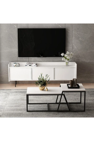 İNARCH DİZAYN Atlas Tv Ünitesi - Minimal 2'li Orta Sehpa Beyaz Takım