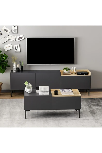 İNARCH DİZAYN Mia Tv Ünitesi ve Orta Sehpa Takım Antrasit/Safir Meşe