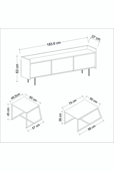 İNARCH DİZAYN Atlas Tv Ünitesi - Minimal 2'li Orta Sehpa Beyaz Takım - 8
