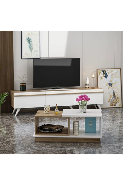 İNARCH DİZAYN Valentina Tv Ünitesi - Viyana Orta Sehpa Takımı Beyaz/Çırağan - 3