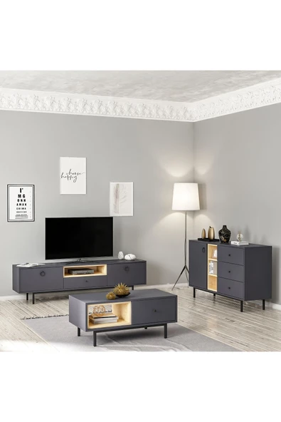 İNARCH DİZAYN Naturel Tv Ünitesi - Orta Sehpa - Konsol 3'lü Takım Antrasit ürün görseli 1
