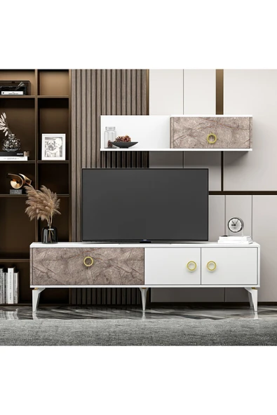 İNARCH DİZAYN Zümrüt T0019 Tv Ünitesi Gordion Mermer/Beyaz Takım ürün görseli 1