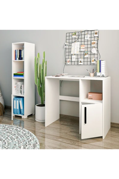 İNARCH DİZAYN Kuzey Çalışma Masası ve Kitaplık Set Beyaz - 4