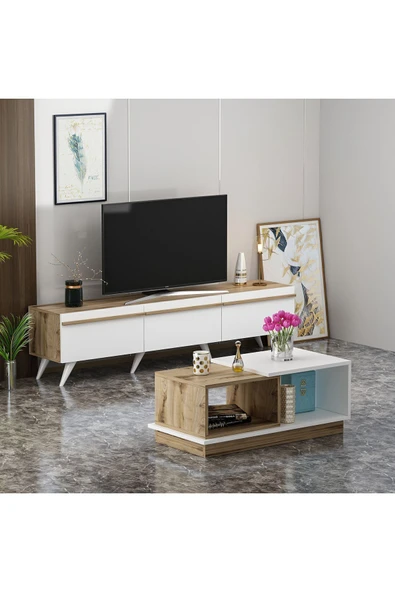 İNARCH DİZAYN Valentina Tv Ünitesi - Viyana Orta Sehpa Takımı Beyaz/Çırağan