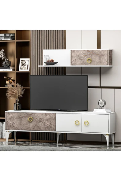 İNARCH DİZAYN Zümrüt T0019 Tv Ünitesi Gordion Mermer/Beyaz Takım - Resim 2