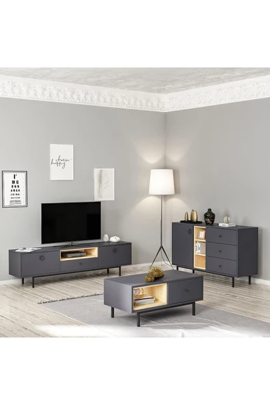 İNARCH DİZAYN Naturel Tv Ünitesi - Orta Sehpa - Konsol 3'lü Takım Antrasit - Resim 3