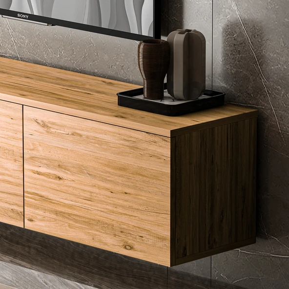 Neon Duvara Monte 3 Kapaklı TV Sehpası – 160 cm – Minimal Tasarım, Atlantik Çam - Resim 3