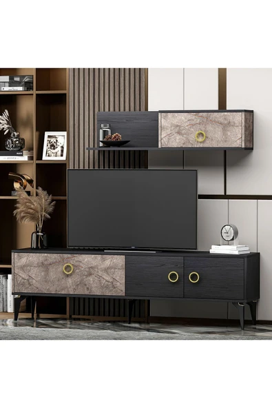 İNARCH DİZAYN Zümrüt T0019 Tv Ünitesi Gordion Mermer/Siyah Takım - Resim 2