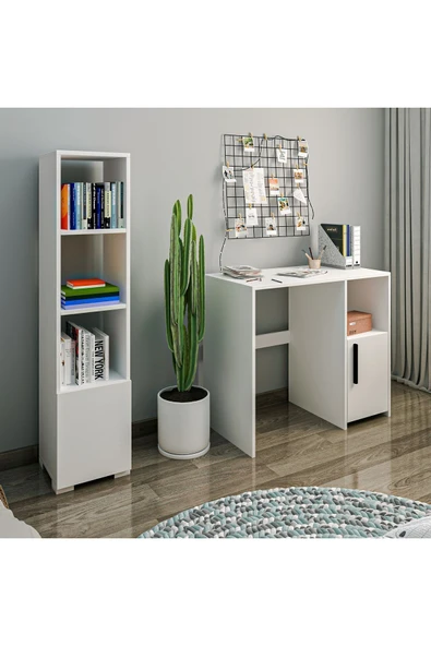 İNARCH DİZAYN Kuzey Çalışma Masası ve Kitaplık Set Beyaz - 3