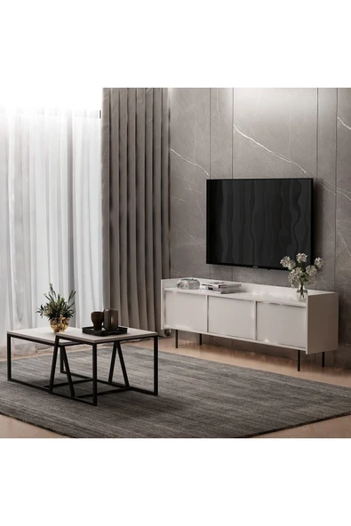 İNARCH DİZAYN Atlas Tv Ünitesi - Minimal 2'li Orta Sehpa Beyaz Takım - 4