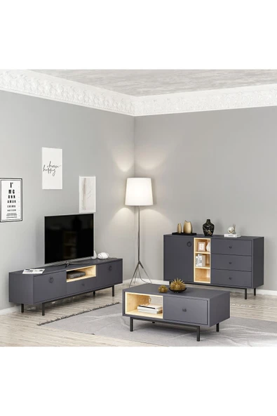 İNARCH DİZAYN Naturel Tv Ünitesi - Orta Sehpa - Konsol 3'lü Takım Antrasit - Resim 2